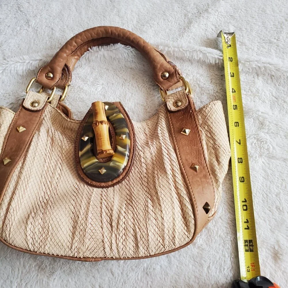 Tan Leather and Snakeskin Embossed Hobo Bag with Bamboo Toggle and Studs